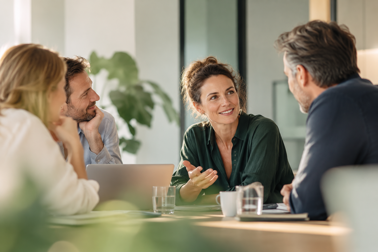 Four colleagues in a modern office meeting